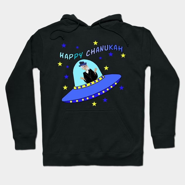 Happy Chanukah Flying Rabbi in Spaceship Hoodie by Lynndarakos